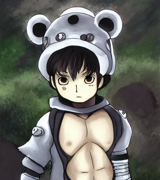 Image similar to attractive little boy wearing an cyborg bear suit, artwork in kentaro miura and made in abyss and inazuma eleven, smooth, beautiful lightness, anatomically correct, trending on pixiv, sensual composition, realistic