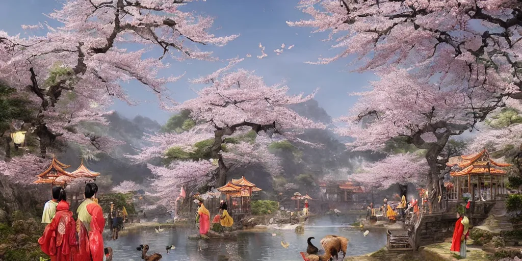 Image similar to a street in a ancient chinese characteristics. it has a high degree of fantasy. cherry blossom forest, there are pavilions in the air, koi jumping in the air, and fairy birds and animals such as cranes and deer coexist with people. it is the life scene of the ancient people, a detailed matte painting by christophe vacher and albert bierstadt