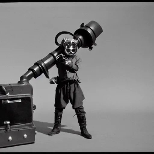 Prompt: a pirate wearing a gasmask holding a mini cannon, film still, arriflex 3 5