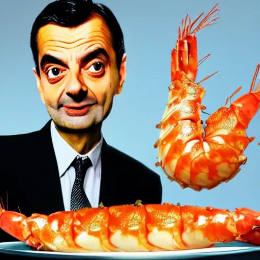 Image similar to , realistic HD photo of Mr Bean , Eating a huge prawn