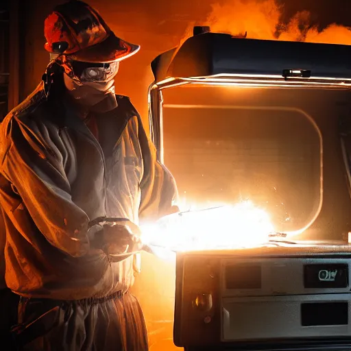 Image similar to cyborg toaster oven repairman, dark messy smoke - filled cluttered workshop, dark, dramatic lighting, orange tint, sparks, cinematic, highly detailed, sci - fi, futuristic, movie still