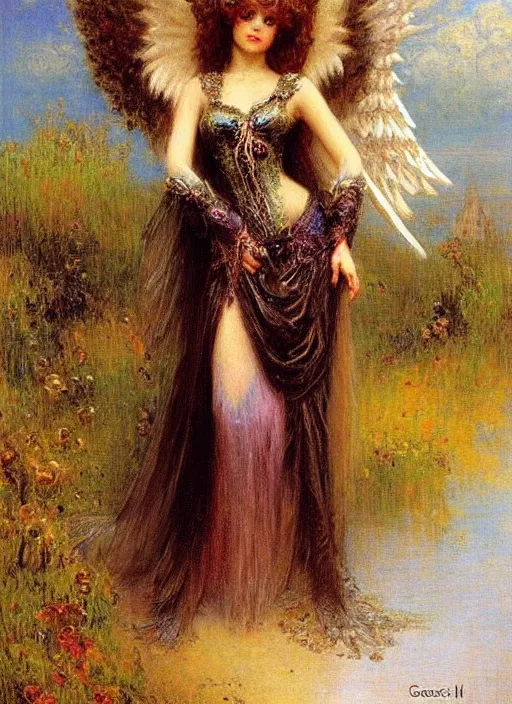 Image similar to vertical prtrait of an angel knight gothic girl, baroque dress. by gaston bussiere