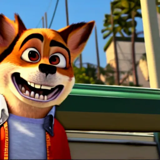 Prompt: Screenshot of the original Grand Theft Auto: San Andreas featuring Nick Wilde (from Zootopia)