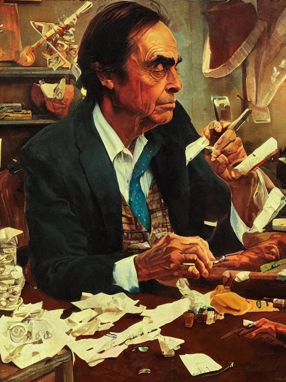 Image similar to portrait of carl sagan rolling a joint, in a style blend of norman rockwell and frederick remington and mort kunstler, oil painting, volumetric lighting, intricate details