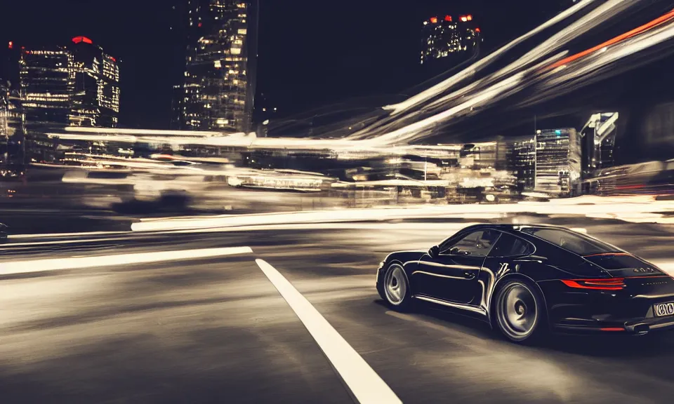 Image similar to photo of a porsche 911 at night driving fast through a city, cinematic, 4k, long exposure photography, tokyo drift, fast and furious, film still, night photography, motion blur, lens flare, movie shot, light trail, distortion, wide angle