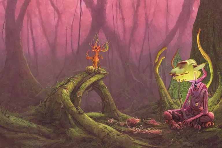 Image similar to a goblin shaman meditating in amossy tangled forest by Shaun Tan and Moebius, trending on artstation