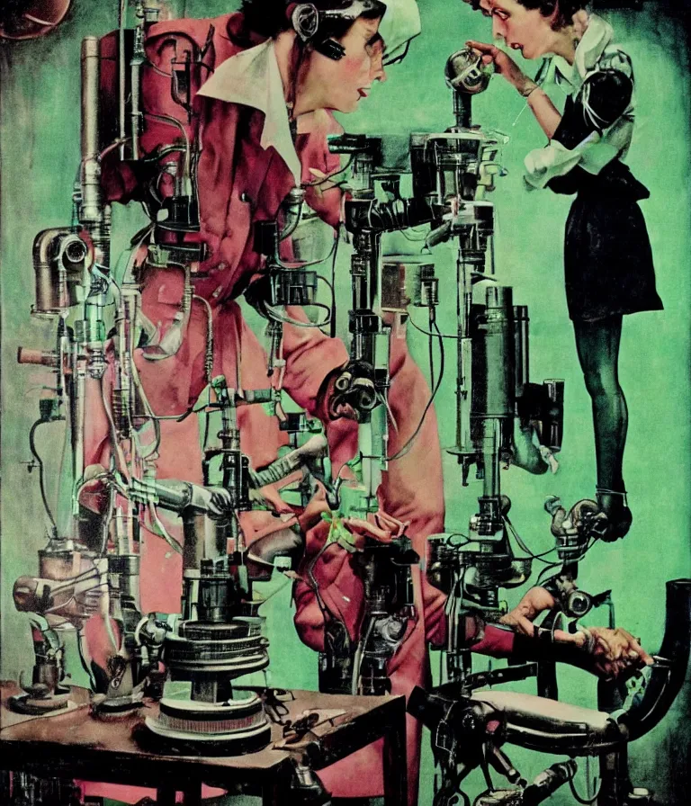 Image similar to a female mad scientist building a robot man, in a darkly lit laboratory room, 1 9 5 0 s horror movie poster style, norman rockwell oil painting, tight shot, close - up shot, retro science fiction, vintage, saturated pink and green lighting, shadowy lighting, cohesive