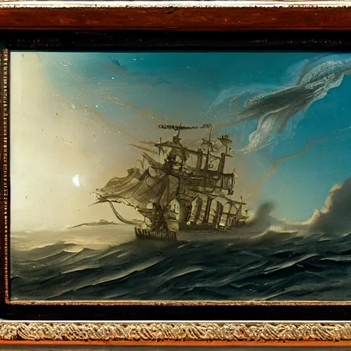 Image similar to moonlit ocean, stars in sky, leviathan attacking pirate ship flying in the sky by peter balke