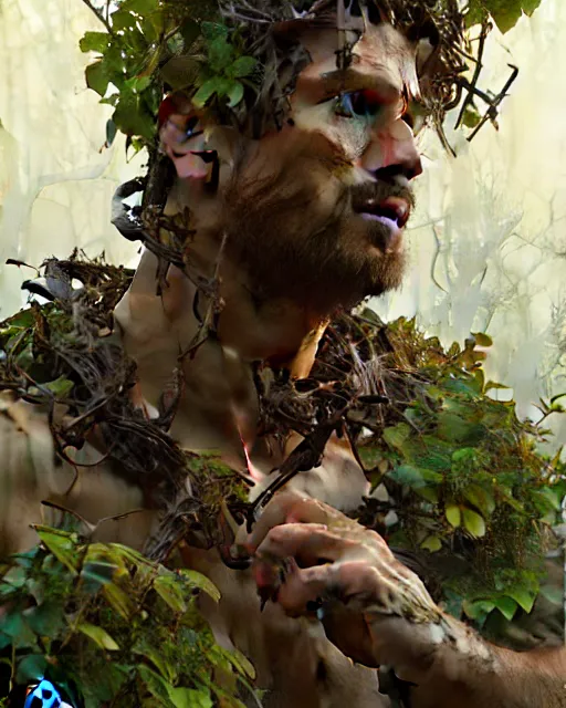 Image similar to god of the forest, 3 0 years old, rugged, male, gorgeous, detailed face, vines. forest, trees, flowers, amazing, muscular, intricate, highly detailed, digital painting, artstation, concept art, sharp focus, illustration, art by greg rutkowski and alphonse mucha