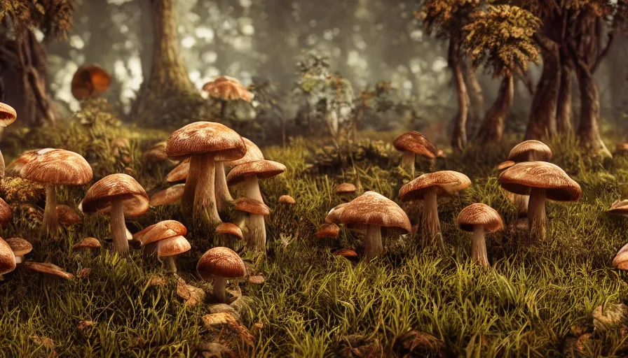 Image similar to hyper realistic highly detailed nature photography of mushroom skeleton zombies, prehistoric planet, volumetric lighting, octane render, 4 k resolution, golden hour