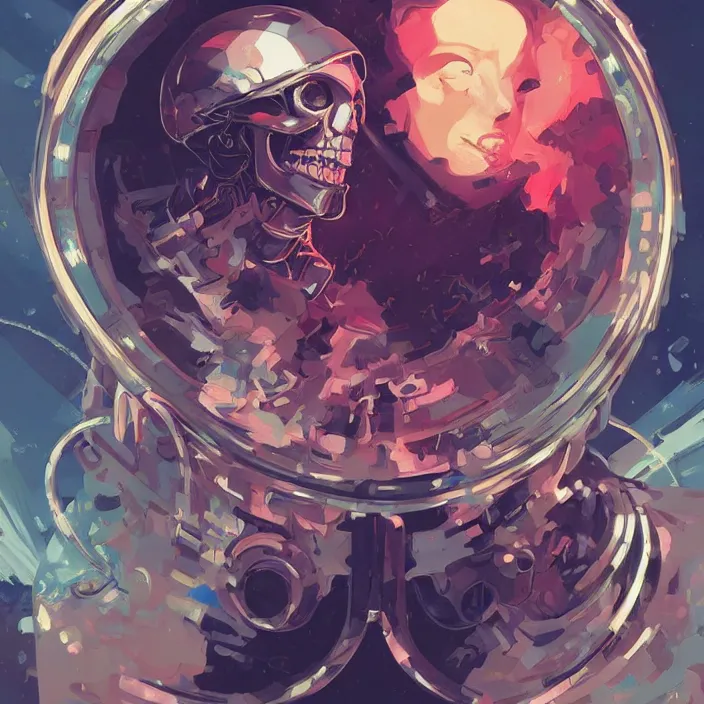 Image similar to anime skull portrait space pirate captain, futuristic science fiction, mucha, hard shadows and strong rim light, art by jc leyendecker and atey ghailan and sachin teng