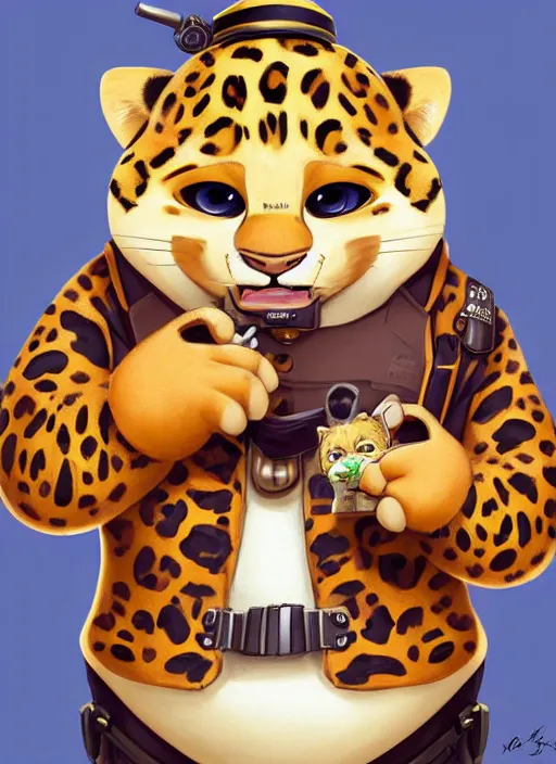 Image similar to a cute fat friendly leopard in steampunk police suit, eating a donut, clawhauser from zootopia, character, closeup headshot, sketch portrait by jean - baptiste monge