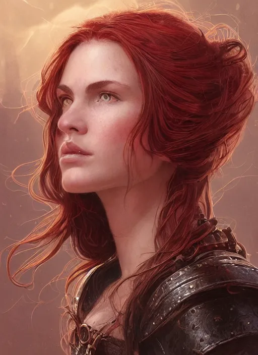 Image similar to vertical portrait of a ruggedly handsome female cleric, soft hair, close - up face, leather, witchy, d & d, fantasy, intricate, elegant, highly detailed, digital painting, artstation, concept art, smooth, sharp focus, illustration, art by artgerm and greg rutkowski and alphonse mucha, plain red background