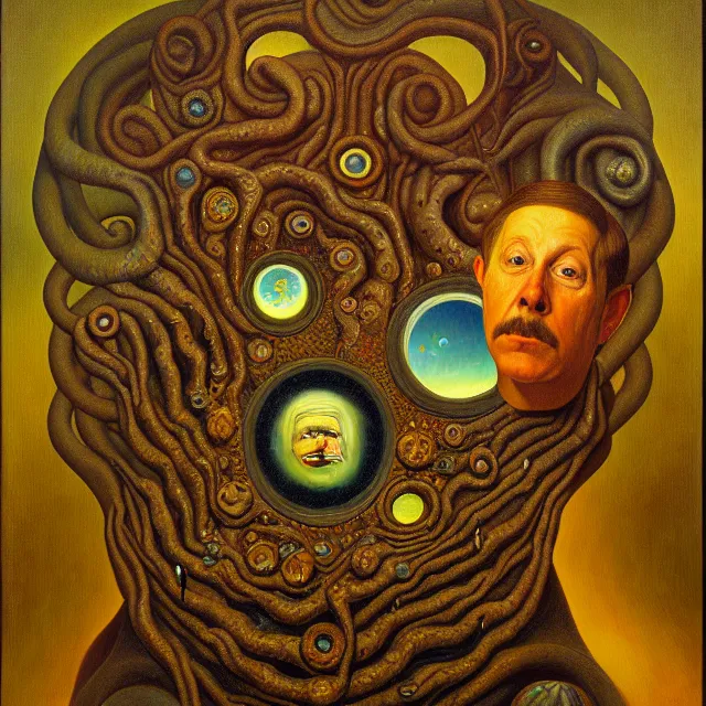 Prompt: an oil on canvas portrait painting, polycount, surrealism, surrealist, lovecraftian, cosmic horror, grant wood, gustav klimt, high detail