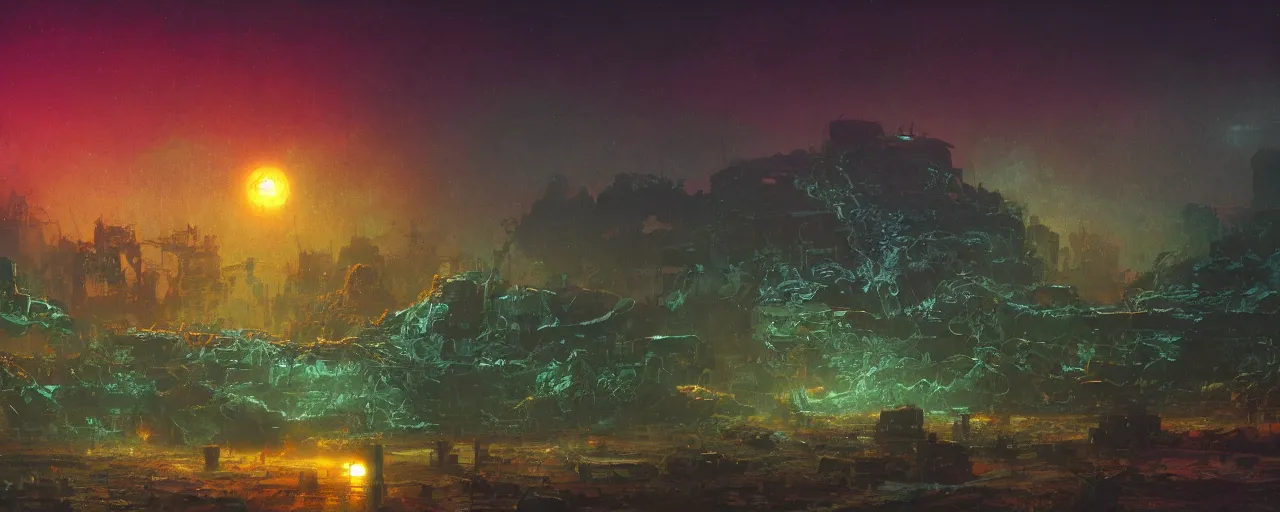 Image similar to ” otherwordly depressing landscape radioactive desolate wasteland at night, [ cinematic, detailed, epic, widescreen, opening, establishing, mattepainting, photorealistic, realistic textures, octane render, art by paul lehr ] ”