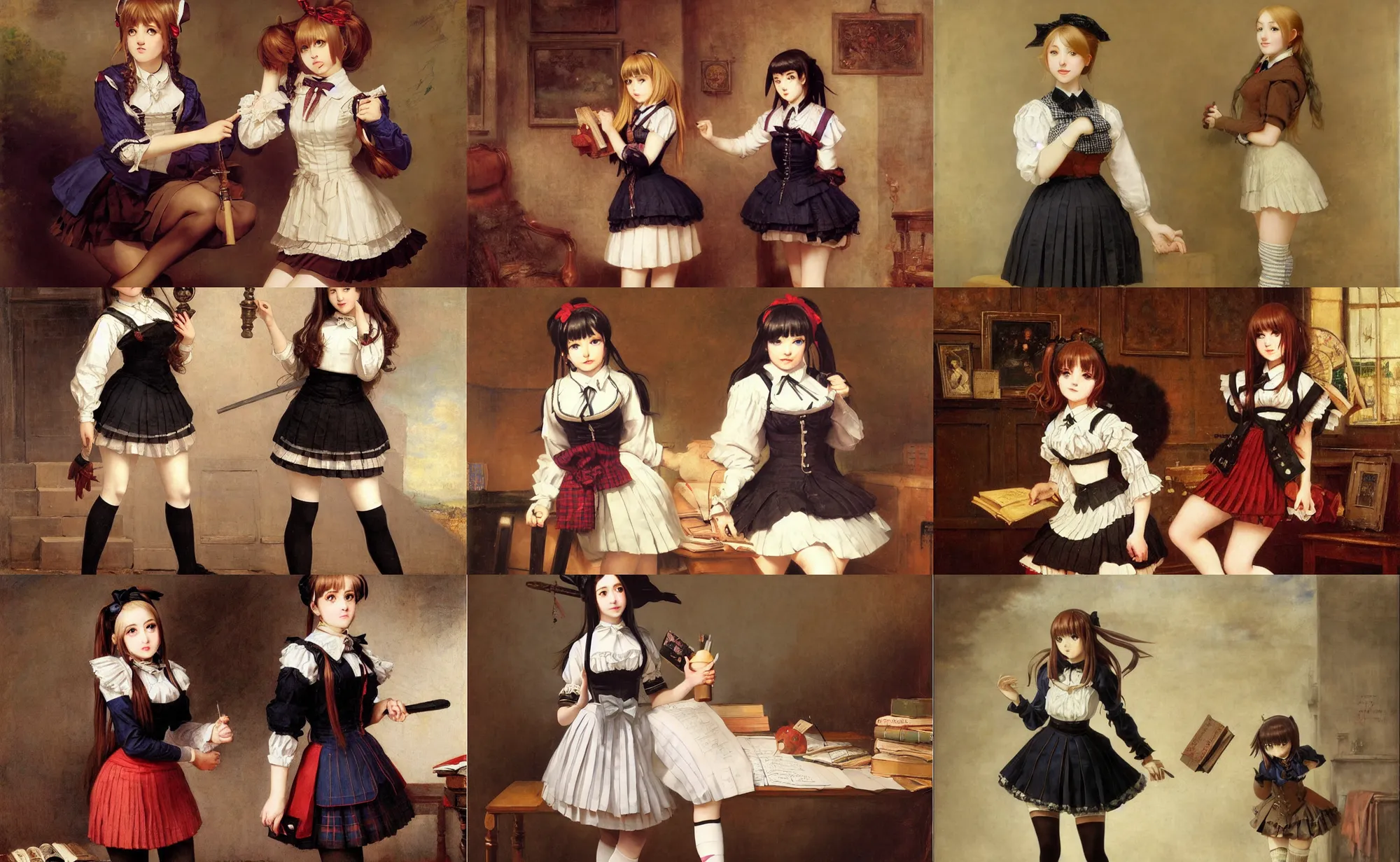 Prompt: school girl in victorian dress misa amane, school uniform, seifuku, pleated miniskirt, overknee socks, battle angel alita. by rembrandt 1 6 6 7, illustration, by konstantin razumov