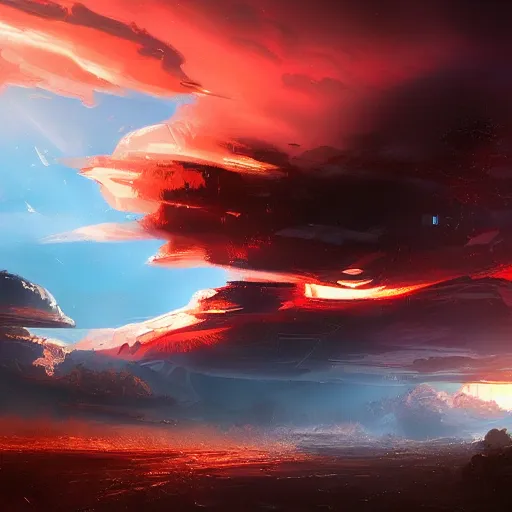 Image similar to a futuristic landscape with explosions. Sunset un the background ando beautiful clouds. 4k. Digital Art. Trending on Artstation