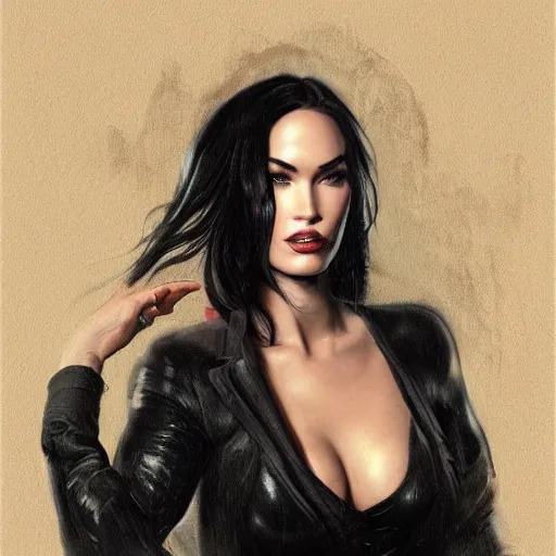 Prompt: portrait of megan fox in black business suit, fantasy, intricate, elegant, highly detailed, digital painting, artstation, concept art, matte, sharp focus, perfect face symmetry, illustration, art by aenaluck and roberto ferri and greg rutkowski, epic fantasy, digital painting