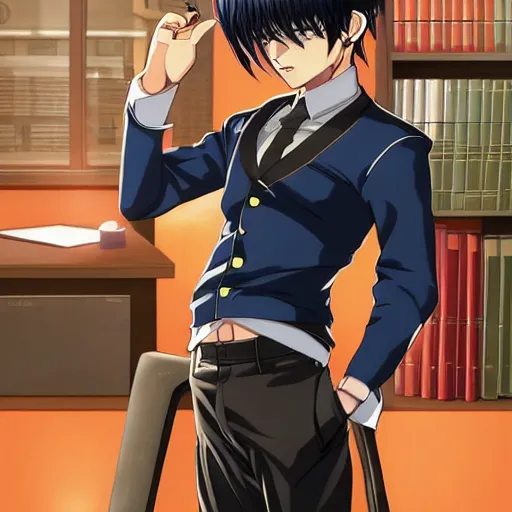 Prompt: aloof anime man with spiky emo hair wearing jock clothes, standing in headmistress's office, smug grin, smug expression, punchable expression, sharp details, subsurface scattering, intricate details, art by artgerm, anime, anime hd wallpaper, 2 0 1 9 anime screenshot