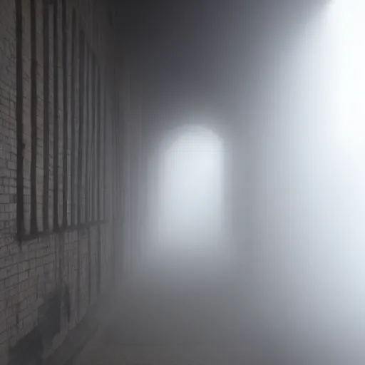 Prompt: light shining through a foggy hallway, dramatic