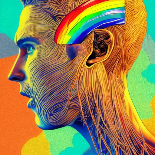 Image similar to the head of a beautiful handsome rainbow man, an ultrafine detailed illustration by james jean, final fantasy, intricate linework, bright colors, behance contest winner, vanitas, angular, altermodern, unreal engine 5 highly rendered, global illumination, radiant light, detailed and intricate environment