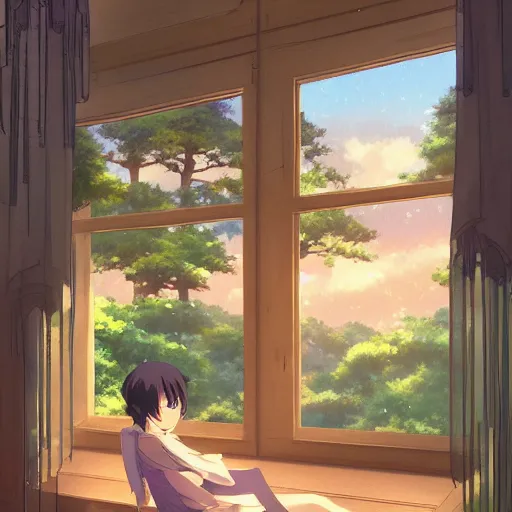 Image similar to a heavenly dream view from the interior of my cozy house from a Makoto Shinkai oil on canvas inspired pixiv dreamy scenery art majestic fantasy scenery cozy window frame fantasy pixiv scenery art inspired by magical fantasy exterior