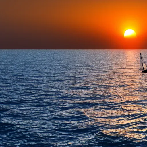 Image similar to sea sunset with sailing boat, realistic, 8 k, sunset, high details