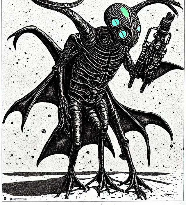Prompt: a roswell alien with a ray pistol as a d & d monster, pen - and - ink illustration, etching, by russ nicholson, david a trampier, larry elmore, 1 9 8 1, hq scan, intricate details, high contrast, no background