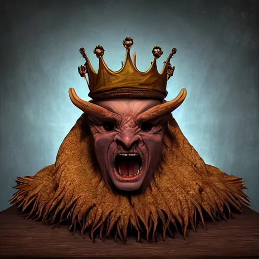 Prompt: a demon with a crown sitting on top of a table, a character portrait by vladimir kush, zbrush central contest winner, fantasy art, zbrush, dystopian art, rococo