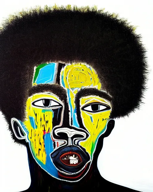 Prompt: high detailed !dream A extremely ultra highly detailed majestic hi-res beautiful immaculate head and shoulders award winning painting stunning masterpiece of the face of a strong black african man with an afro by Jean-Michel Basquiat, 8k, high textures, ultra hyper sharp, insanely detailed and intricate, super detailed, 8k HDR ultra high quality