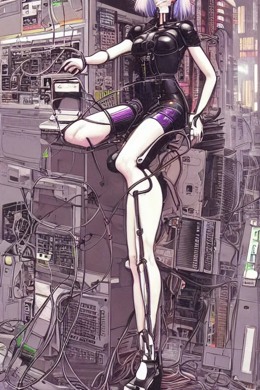 Image similar to a perfect cyberpunk illustration of a female android seated on the floor in a tech labor, seen from the side with her body open showing cables and wires coming out, by masamune shirow, hajime sorayama and katsuhiro otomo, japan, 1980s, dark, colorful