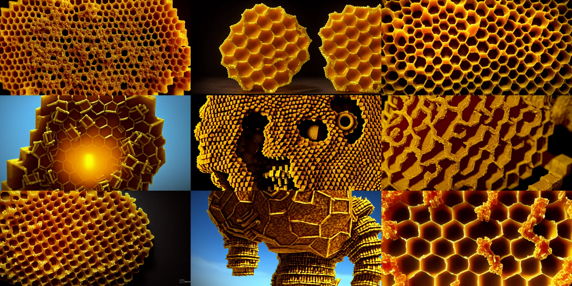 Prompt: shadow of the colossus made of honey comb, subsurface scattering