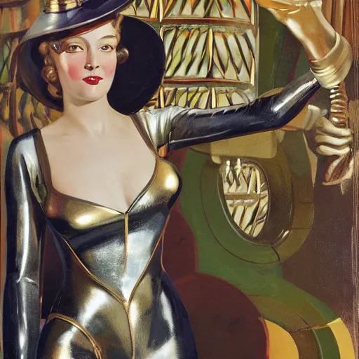 Image similar to closeup painting of uncannily beautiful aristocrat wearing latex and bronze catsuitand face paint inside bronze art deco arcology, science fiction by j. c. leyendecker and fritz lang and stefan prohaczka