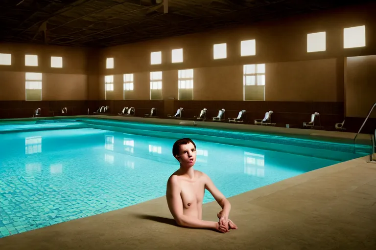 Image similar to portrait at an indoor swimming pool, photography by gregory crewdson, cinematic, elegant, real dlsr photography, sharp focus, 4 k, ultra hd, sense of awe