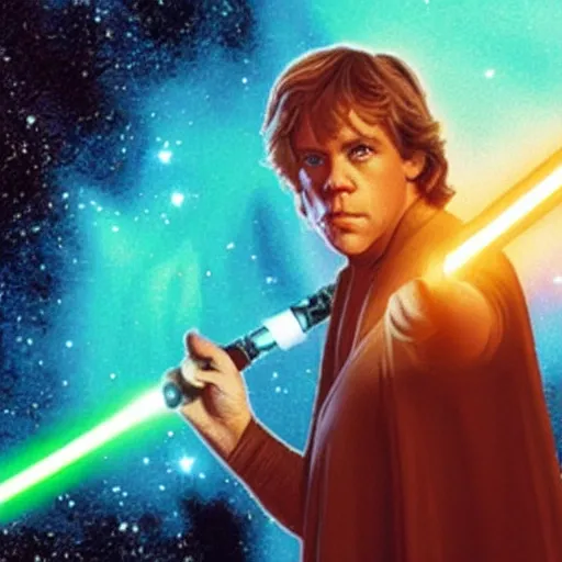 Prompt: luke skywalker pointing at stars with his lightsaber