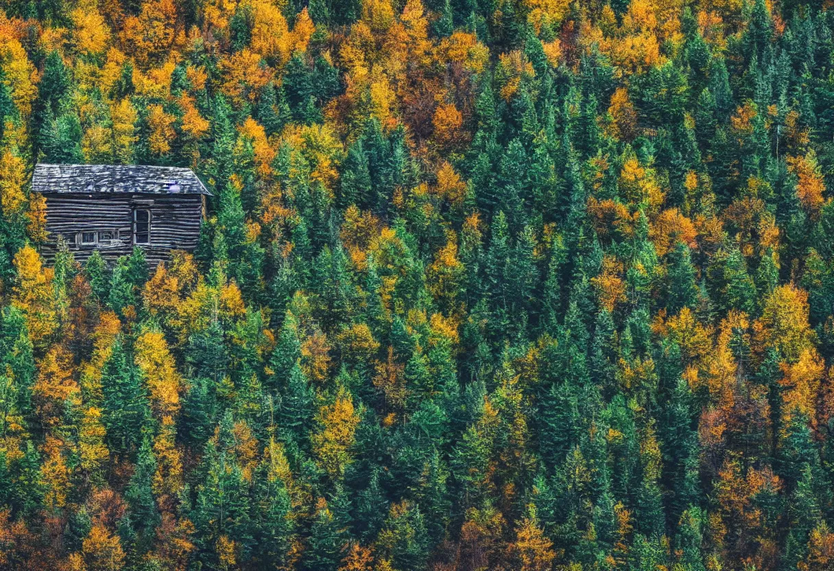 Prompt: old cabin in a forest 4k autumn cinematic low angle trees lonely clear view logs overgrown pasture green blue tones