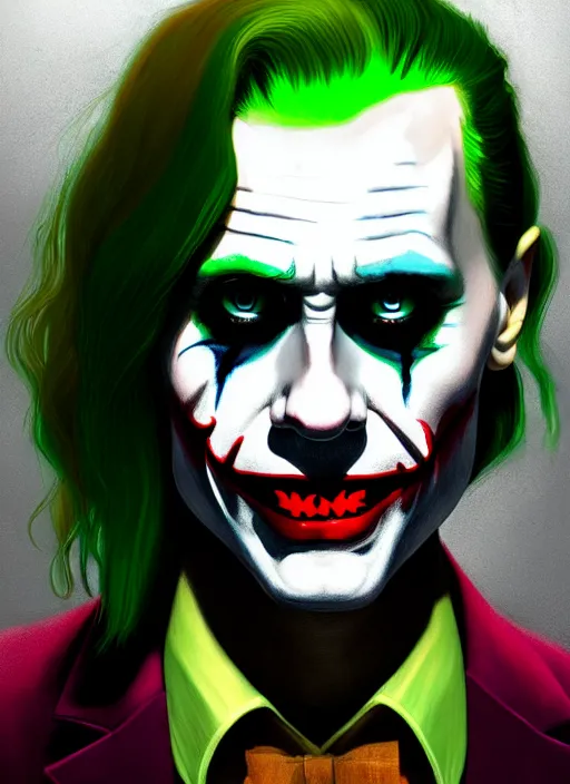 Image similar to portrait of jared leto as the joker, green hair, intricate, elegant, glowing lights, highly detailed, digital painting, artstation, concept art, sharp focus, illustration, art by wlop, mars ravelo and greg rutkowski