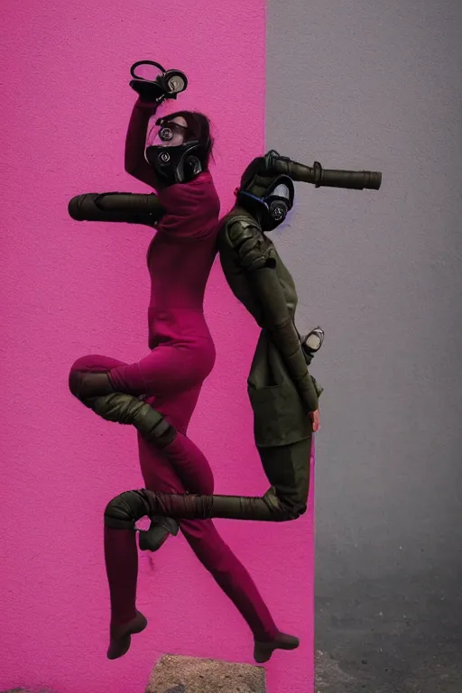 Image similar to a surreal portrait of intertwined and contorted figures wearing gas mask next to a pink wall in the style of brooke didonato, editorial fashion photography from vogue magazine, full shot, nikon d 8 1 0, ƒ / 2. 5, focal length : 8 5. 0 mm, exposure time : 1 / 8 0 0, iso : 2 0 0