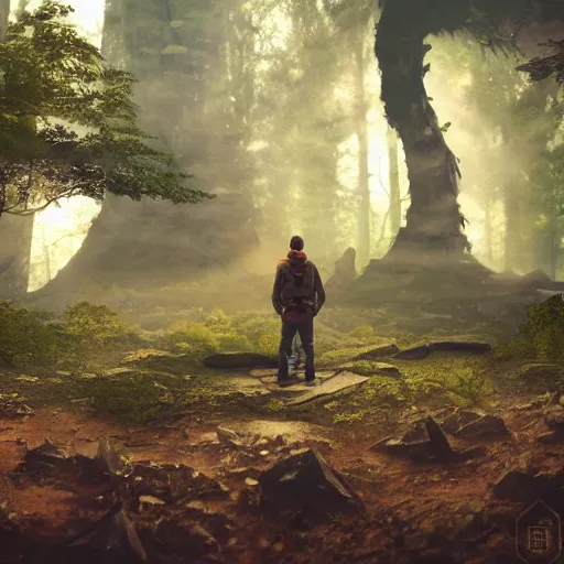 Image similar to a man finding a ancient giant ruined alien spaceship in a forest, anime style, octane render, hyperrealistic, unreal engine 5, fancy lighting, trending on Artstation, highly detailed, high quality, post processed, 8K HDR, 3D render