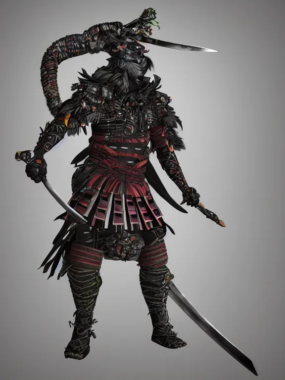 Image similar to full body front view portrait of, druidic nature ninja samurai, character design, correct anatomy, made in blender, octane render, ray tracing, ultra detailed, fantasy, intricate and highly detailed, with lots of colour, pose, sharp focus,