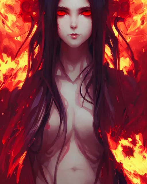 Image similar to red eyed beautiful anime girl, flames everywhere, highly detailed, digital painting, artstation, concept art, smooth, sharp focus, illustration, art by artgerm and greg rutkowski and alphonse mucha