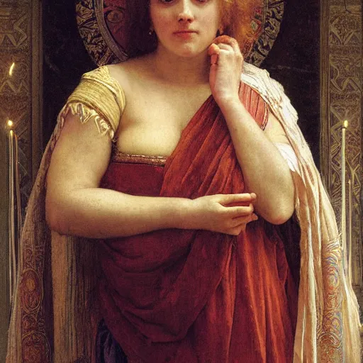 Image similar to a renaissance oil painting portrait by alma tadema of a holy divine prophet beautiful saint banda bear, dark lit candles, colourful pastel, detailed academic bouguereau, sharp focus, high contrast studio lighting