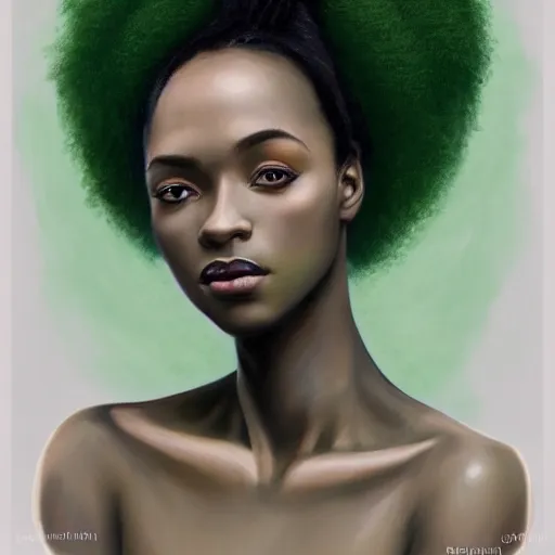 Image similar to a detailed matte oil on canvas head on symmetrical portrait of black skinned woman with long white and ( ( ( pale green ) ) ) hair, clothed by charlie bowater, lise deharme, wlop, trending on artstationhd, dungeons and dragons art critical role