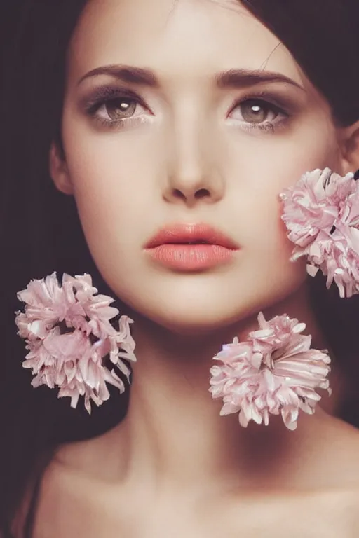 Prompt: close - up fashion woman portrait airy flowers clouds art