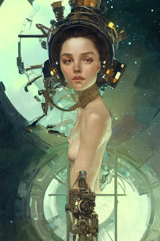 Image similar to A full portrait of a scifi heavy deep space miner, intricate, elegant, highly detailed, digital painting, artstation, concept art, smooth, sharp focus, illustration, art by Krenz Cushart and Artem Demura and alphonse mucha