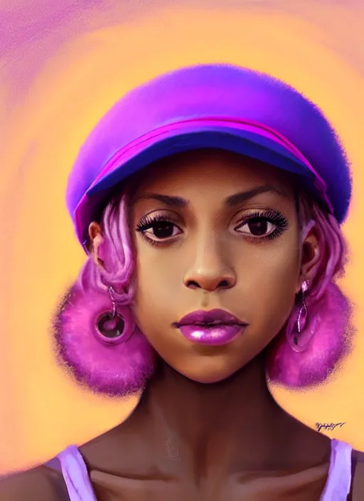 Image similar to portrait of vanessa morgan, black teenage girl, pink hair, wavy pixie haircut, purple newsboy cap, fluffy pink hair coming out from under cap, hoop earrings, subtle confident smile, intricate, elegant, glowing lights, highly detailed, digital painting, artstation, concept art, sharp focus, illustration, art by wlop, mars ravelo and greg rutkowski