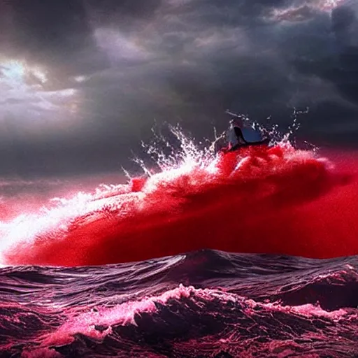 Prompt: anti - christ rising from a red ocean with boats. ominous. vivid color detailed photograph from a 2 0 2 0 s blockbuster vfx horror movie.