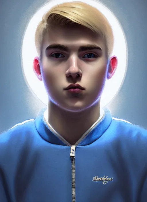 Image similar to portrait of high school senior boy named big moose, blonde short hair, jock, beefy, wide face, square jaw, square facial structure, blue varsity jacket with letter r, intricate, elegant, glowing lights, highly detailed, digital painting, artstation, concept art, sharp focus, illustration, art by wlop, mars ravelo and greg rutkowski