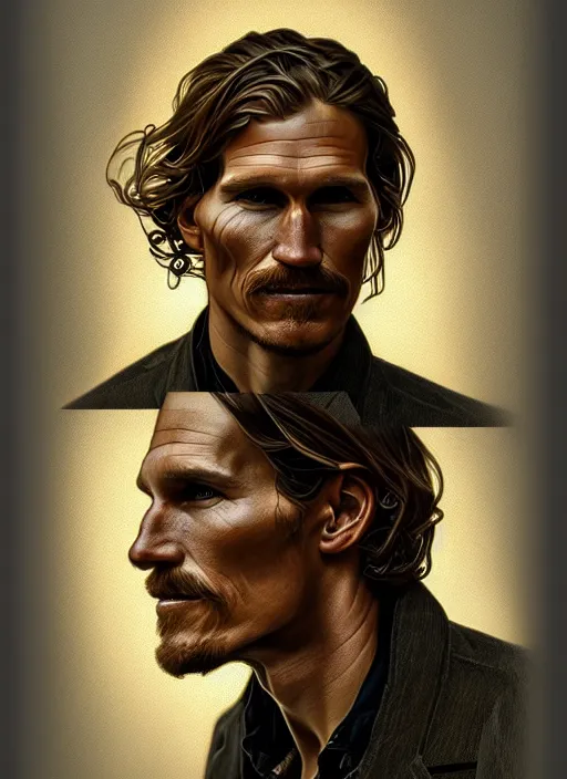 Prompt: oil portrait of rust cohle, intricate, elegant, highly detailed, lighting, painting, artstation, smooth, illustration, art by greg rutowski and alphonse mucha