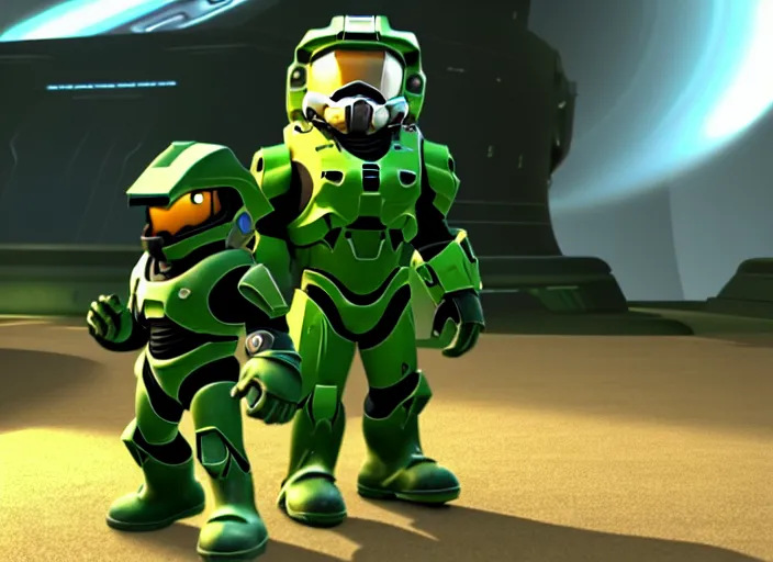 Image similar to marioand masterchief!!!!!!! in 3 d video game screenshot!!! from the new master chief video game mario halo master chief